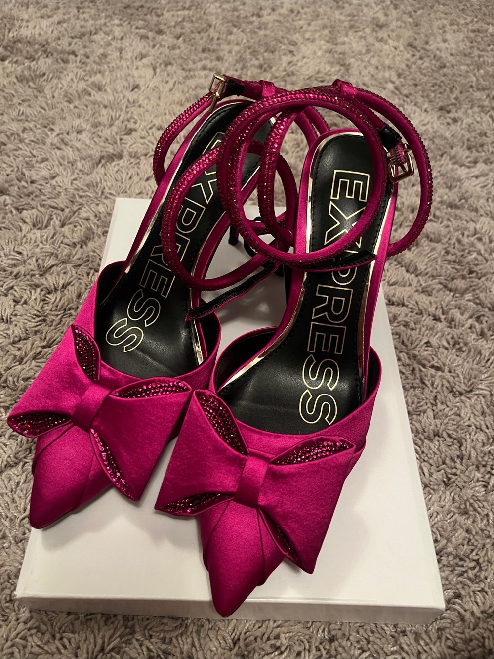 Express Women's Fuchsia Satin Pointed-Toe Bow Ankle-Strap Heels